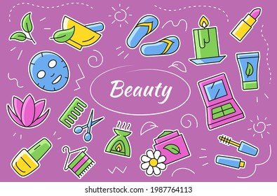 Beauty and cosmetic icons and elements set. Vector sticker collection on purple background.