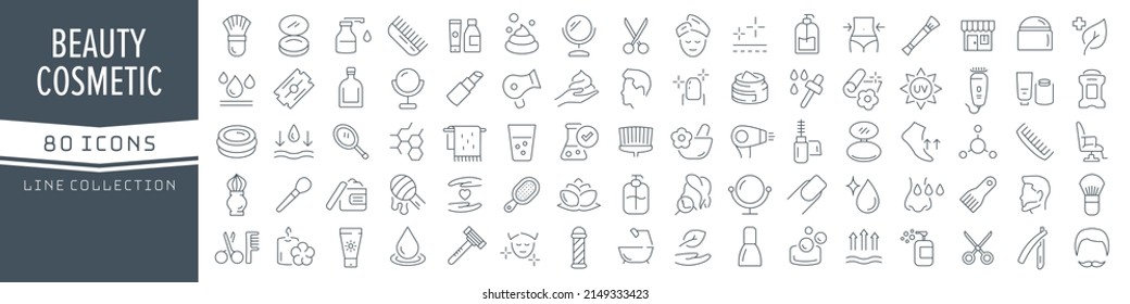 Colección de iconos de línea cosmética y de belleza. Un gran icono de interfaz de usuario en un diseño plano. Paquete de iconos de contorno delgado. Ilustración del vector EPS10