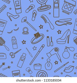 Beauty Cosmetic line vector icons set collection seamless pattern. Flat minimalistic design.