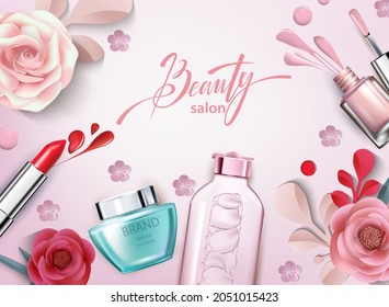 El fondo de maquillaje estético de belleza. Mujer de moda maquillaje producto, lápiz labial, colección de esmalte de uñas. Concepto creativo rosado. Pancarta de accesorios de maquillaje de cosmetología, vista superior.