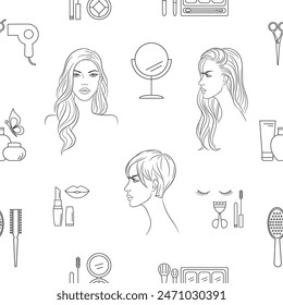 Beauty, Cosmetic, and Makeup line icons. Vector seamless pattern background for fashion blogs, beauty salons, spas, hairdressers, or wellness centers. 