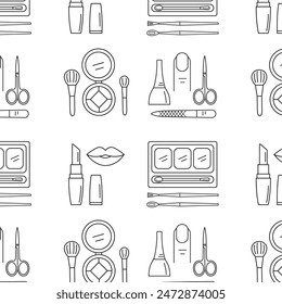 Iconos de línea de belleza, cosmética y maquillaje. Vector sin patrón de fondo para blogs de moda, salones de belleza, spas, peluquerías o centros de bienestar. 