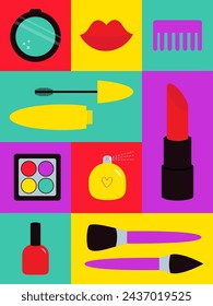 Beauty Cosmetic makeup poster, greeting card, banner icon set. Lips, eyeshadow, comb, mascara, lipstick, perfume water, nail polish brushes . Valentines Day. LOVE. Flat design White background Vector