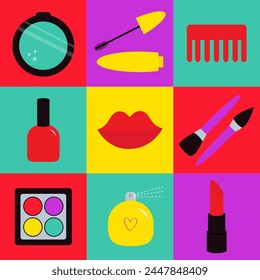 Beauty Cosmetic makeup poster, greeting card, banner icon set. Mascara, lipstick lips, eyeshadow, comb, perfume water nail polish, brushes . Valentines Day. LOVE. Flat design. White background Vector