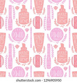 Beauty cosmetic makeup seamless pattern hand draw. Label Hand made production. Vector illustration