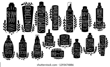 Beauty cosmetic makeup set hand draw. Shape cosmetic conditioner, mosse, dryshampoo, text, leavein, balsam, elexir, serum, mask, gel emulsionshampoo oil Label Hand made production Vector illustration