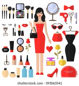 Beauty, Cosmetic and Makeup Vector flat  Icons Set . Beautiful fashion woman illustration.  