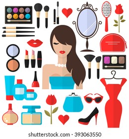 Beauty, Cosmetic and Makeup Vector flat  Icons Set . Beautiful fashion woman illustration. 