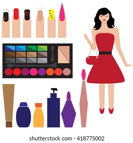 Beauty, Cosmetic and Makeup Vector flat Icons Set . Beautiful fashion woman flat icon. Cosmetic products, makeup brushes, lipstick, perfume, eye makeup. Women accessories. Fashion icons.