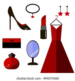 Beauty, Cosmetic and Makeup Vector flat Icons Set . Beautiful fashion woman illustration