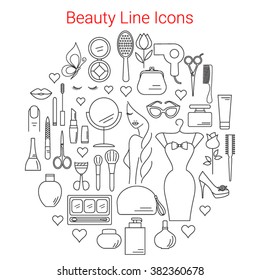 Beauty, Cosmetic and Makeup Vector Line Icons Set Circular Shaped. Symbols  for fashion, salon, spa, hairdressers or wellness centers. Women accessories