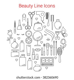 Beauty, Cosmetic and Makeup Vector Line Icons Set Circular Shaped. Symbols  for fashion, salon, spa, hairdressers or wellness centers. Women accessories