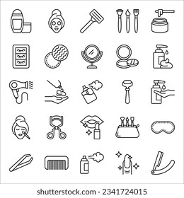 Beauty Cosmetic Minimalistic Flat Line Outline Stroke Icon Pictogram Symbol Set Collection, vector illustration on white background