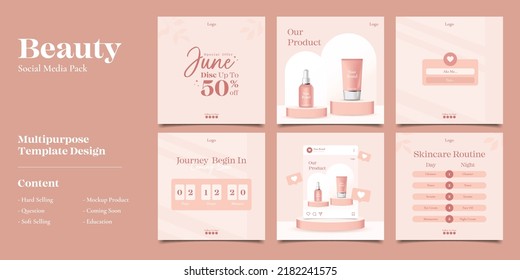 Beauty Cosmetic With Podium Sale Social Media Post Template Bundle Banner Set