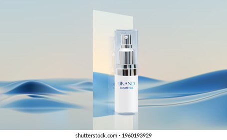 Beauty cosmetic product with abstract and blue mountain background.cosmetics bottles with transparent liquid as a skin moisturizer.3D vector illustration.