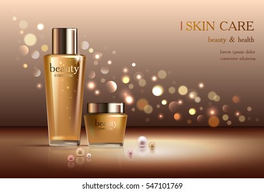 Beauty cosmetic product ad. Sparkling background with gold shiny glitter, bokeh 3D Vector stock illustration