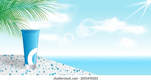 Beauty cosmetic product display background stand beside blue beach ocean with palm leaf, and terrazzo ceramic for branding and marketing banner template. Vector design