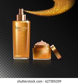 Beauty cosmetic product gold cream ads, package or liquid. 3D vector illustration on dark transparent background isolated. Stock vector.