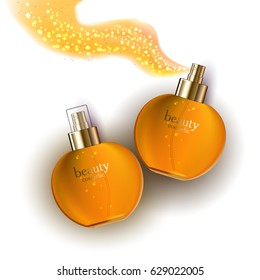 Beauty cosmetic product gold parfume ads, package or liquid. 3D vector illustration on light background isolated. Stock vector.