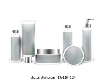 Beauty Cosmetic Product Mock Up Set. Isolated Bottles for Advertising Branding. Packaging Design of White Bottles with Silver Cap. Empty Package for Skincare Cosmetic. 3D Vector Realistic Illustration