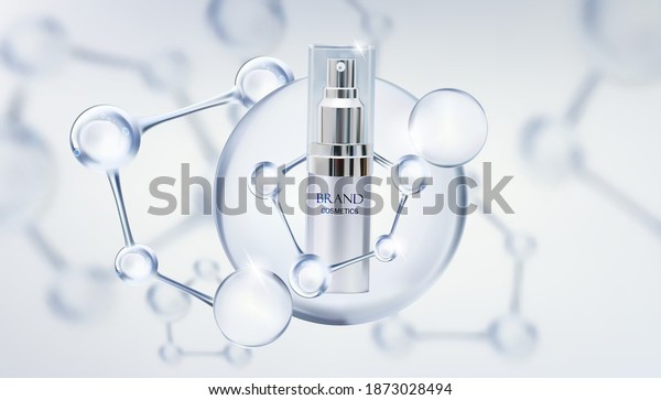 Beauty cosmetic product with\
molecule.cosmetics bottles mockup banner.Realistic 3d\
vector