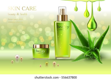 Beauty cosmetic product poster, aloe vera cream ads, makeup template, golden bottle package skin care cream or liquid. Sparkling green shiny glitter background 3D Vector stock illustration.