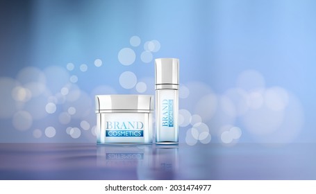 Beauty cosmetic product poster, cosmetics bottles mockup with Bokeh and Water background,Realistic vector illustration .
