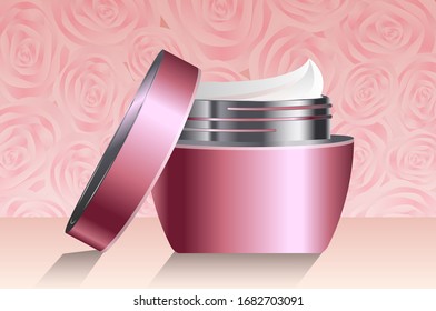 Beauty cosmetic product poster, cream ads, makeup template, bottle package, skin care cream or liquid. Skin Care, beauty product for face or body treatment. Vector illustration.