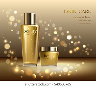 Beauty cosmetic product poster, cream ads, makeup template, golden bottle package, skin care cream or liquid. Sparkling background with golden shiny glitter, gold bokeh 3D Vector stock illustration .