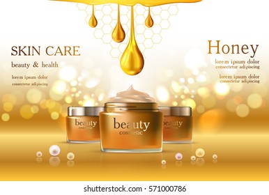 Beauty Cosmetic Product Poster, Golden Honey Yellow Cream Ads, Makeup Template, Gold Bottle Package, Skin Care Cream Or Liquid. Sparkling Shiny Glitter Background 3D Vector Stock Illustration .