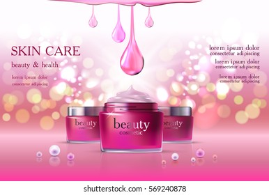 Beauty cosmetic product poster, rink rose cream ads, makeup template, pink skin care cream package or liquid. Sparkling shiny glitter background 3D Vector stock illustration .