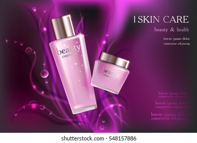 Beauty cosmetic product poster. Sparkling background with cream ads, makeup template, pink bottle package skin care cream or liquid and purple shiny magenta glitter design 3D Vector stock illustration