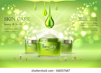 Beauty cosmetic product poster,green cream ads, makeup template, skin care cream or liquid package Sparkling shiny glitter background 3D Vector stock illustration .