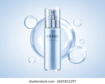 Beauty cosmetic product with transparent liquid bubbles. Cosmetic bottle with drops. Concept skin care cosmetic solution. Realistic vector