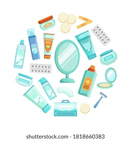 Beauty Cosmetic Products of Round Shape, Skin Care Objects Vector Illustration