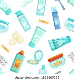 Beauty Cosmetic Products Seamless Pattern, Skin Care Design Element Can Be Used for Fabric, Wallpaper, Packaging, Web Page Vector Illustration