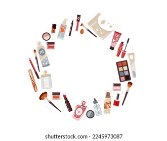 Beauty cosmetic products for skin and body care.Set of different make up items and tools in round composition with copy space in middle.Colorful vector illustration in flat style