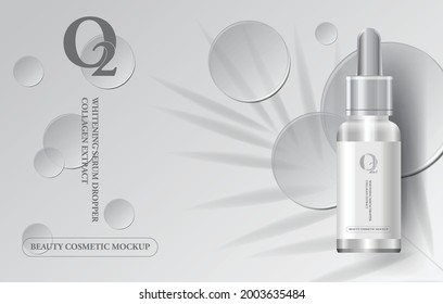 beauty cosmetic serum medical skin care of dropper bottle glass, oil liquid essential collagen mock up, vector illustration