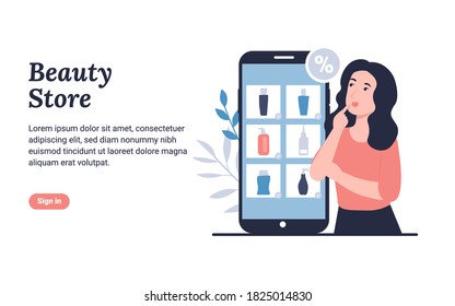 Beauty cosmetic store. Young girl buys cosmetics online. Shopping concept. Flat vector modern cartoon illustration template for web landing page, banner, social media, poster, flyer.