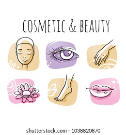 Beauty cosmetic treatment icon set, eye, lips, face, hand, foot. Hand drawn doodle sketch vector illustration, marker style coloring on tiles. 