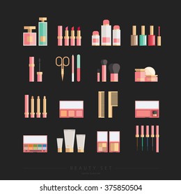 Beauty cosmetic vector icon set, isolated flat art on dark background. Vector illustration.