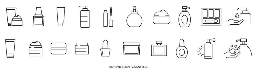Beauty and cosmetics 20 outline icons. Cosmetics icon set. Skincare line icon set. Cosmetics, Beauty, Skincare, Makeup, Perfume, Fragrance, Hair. Vector illustration.