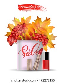 Beauty and cosmetics background with autumn leaves. Sale Concept. Template Vector.