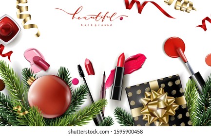 Beauty and cosmetics background with Christmas tree branches, balloons, confetti, cosmetics. Use for advertising flyer, banner, leaflet. Christmas And New Year background. Template Vector.