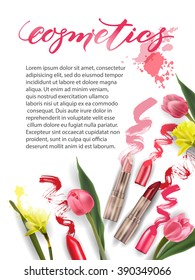 Beauty and cosmetics background. Spring Concept. Use for advertising flyer, banner, leaflet. Template Vector.