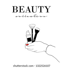 Beauty cosmetics banner. Women's hand with Foundation cream and makeup face brush. Illustration of female hand with cosmetical accessories and red nails. Vector fashion and makeup design elements.