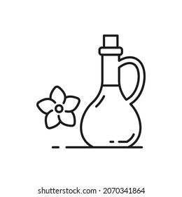 Beauty cosmetics bottle and flower isolated outline icon. Vector skin health care and massage hyaluronic or essence oils, herbal medicine. Spa skin care product, line art jar with wooden cork