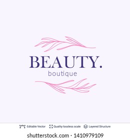 Diseño del logo de la boutique de cosméticos de belleza. Elemento floral y texto. Plantilla vectorial editable.