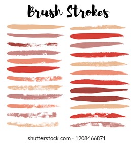 Beauty and cosmetics brush strokes vector background. girly lines collection, Makeup swatches, Set of cosmetic texture stains isolated on white. paint line texture. 