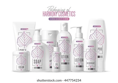 Beauty cosmetics container mockup. Body care beauty product packaging. Harmony cosmetics package brand. Oil, lotion, soap, shampoo, hand cream, deodorant container pack mockup vector illustration
